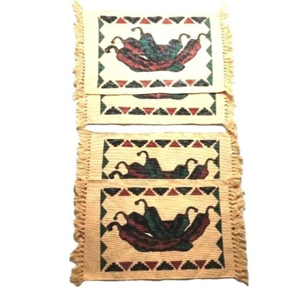 Vtg Southwest Woven Chili Pepper Placemats Set of 4 Fringe Cotton Western Rustic